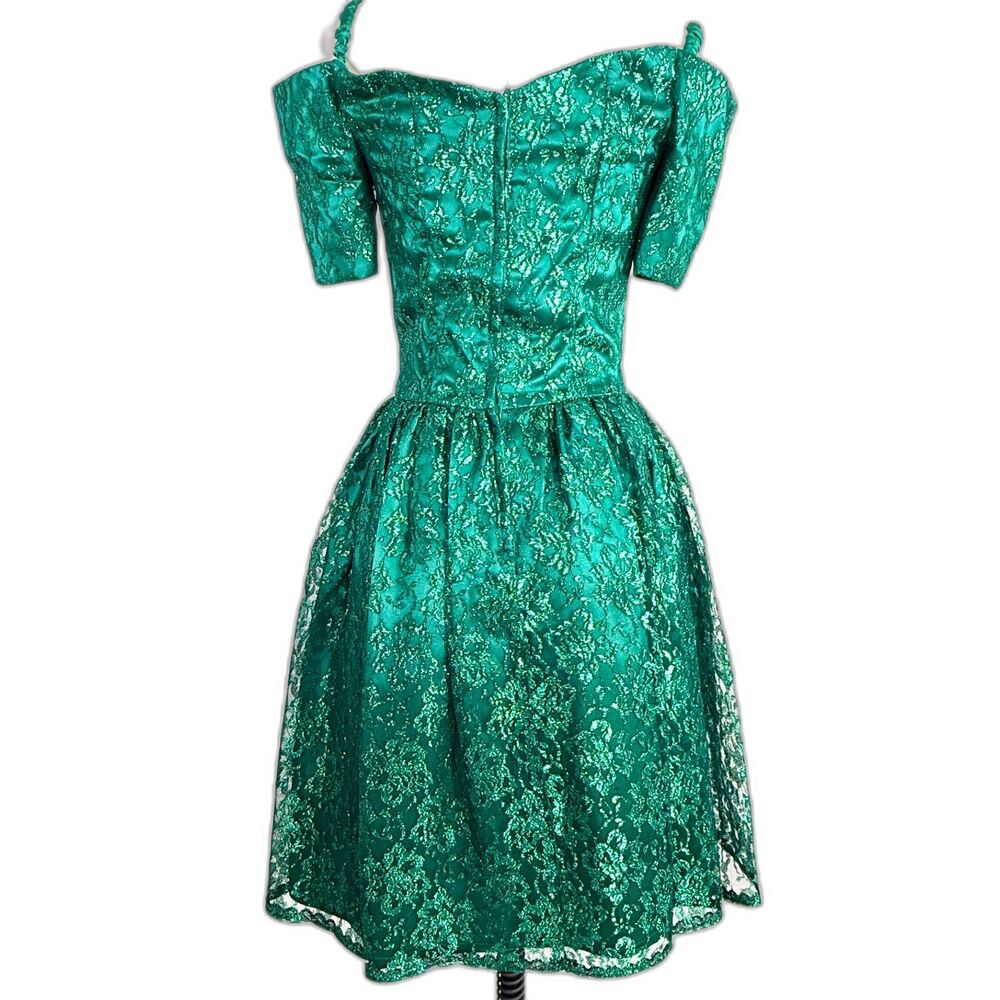 Gunne Sax | Metallic Shiny Forest Green Lace Fairy Dream Winter Dress | Sz 6 - Picture 2 of 14